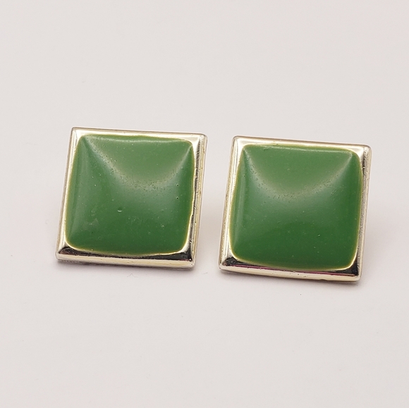Vintage Green Enamel and Gold Square Button Posts - Picture 5 of 6
